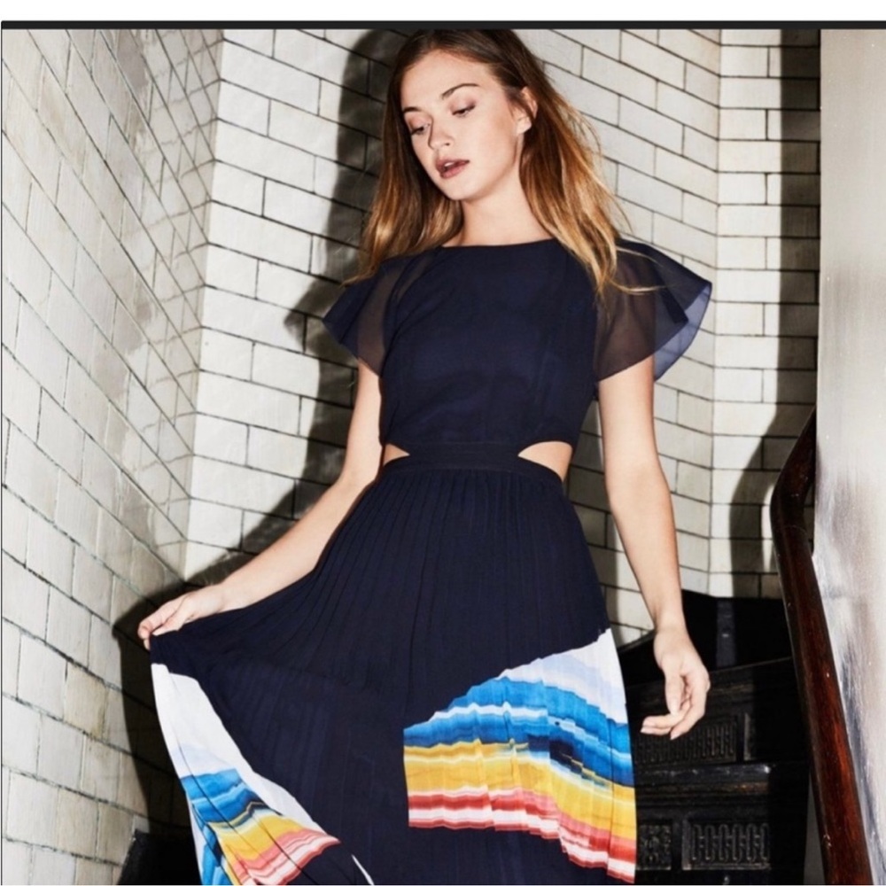 Joie Navy Multicolor Pleated Midi Dress